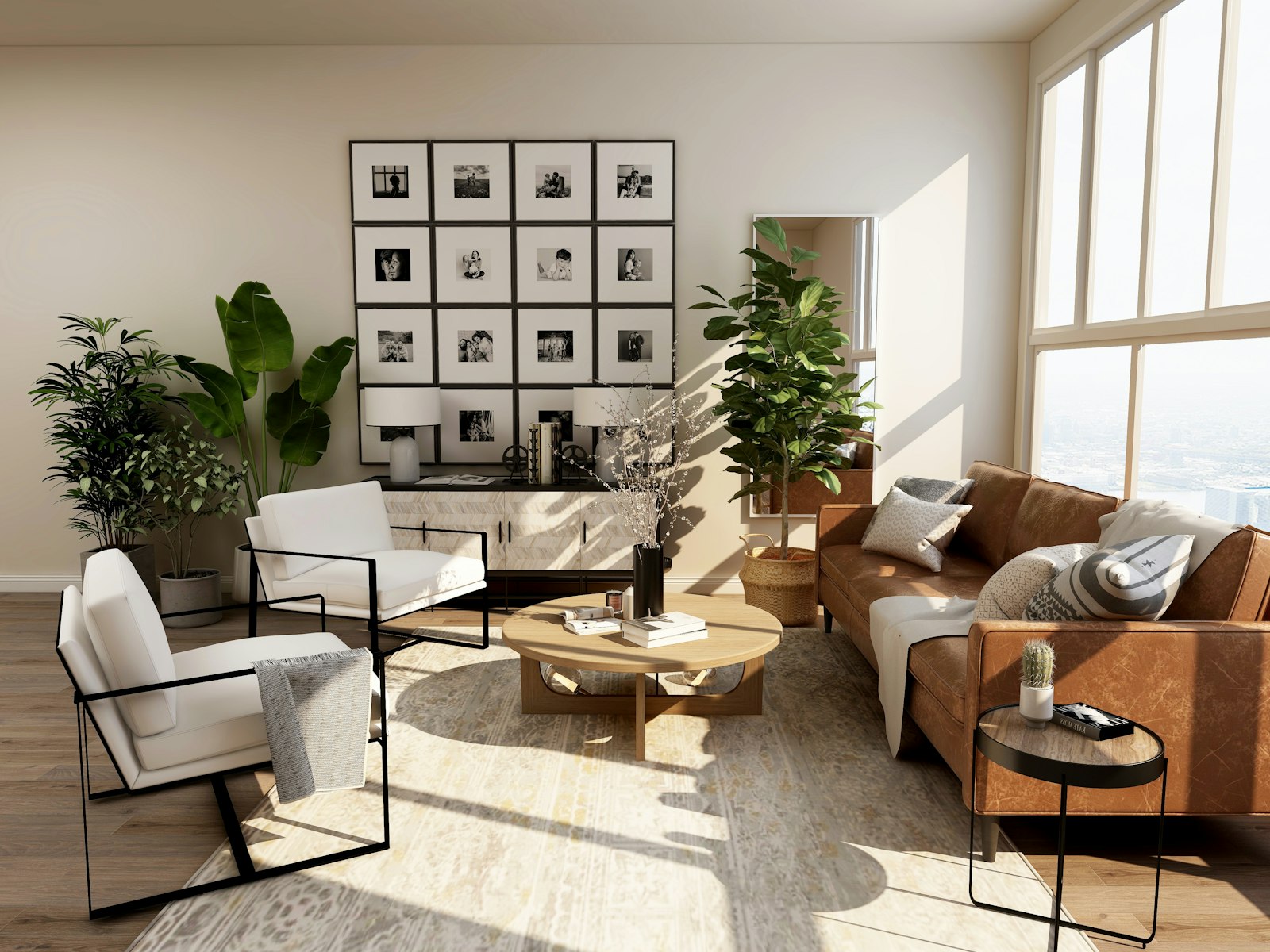 Bright residential living room with natural wood furniture and large windows